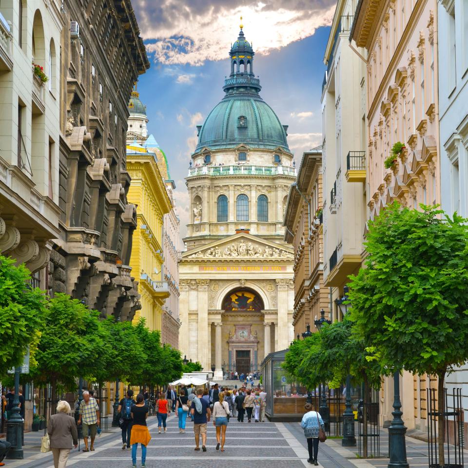 A stones throw away from the mighty Danube River is Budapest's beautiful. Zrinyi Utca Street. This pedestrian street has some of the best views of Hungary's famous Saint Stephen`s Basilica.