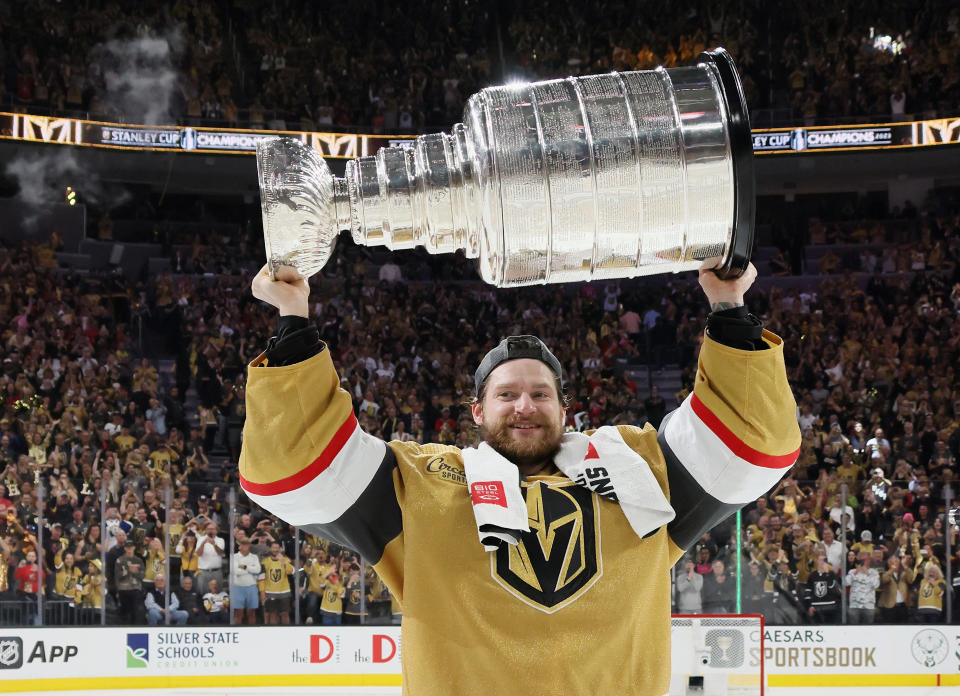 LAS VEGAS, NEVADA - JUNE 13: Adin Hill #33 of the Vegas Golden Knights celebrates the Stanley Cup victory over the Florida Panthers in Game Five of the 2023 NHL Stanley Cup Final at T-Mobile Arena on June 13, 2023 in Las Vegas, Nevada. (Photo by Bruce Bennett/Getty Images)
