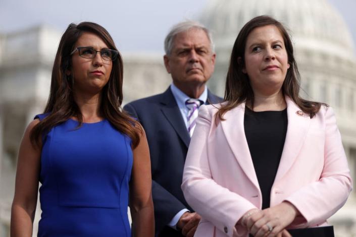 <div class="inline-image__caption"><p>Rep. Elise Stefanik, right, listens to a news conference with Rep. Lauren Boebert in July.</p></div> <div class="inline-image__credit">Alex Wong/Getty</div>