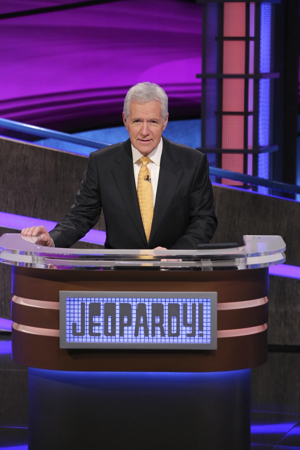 This image released by Jeopardy! shows host Alex Trebek, during a taping of the game show "Jeopardy!" on Aug. 26, 2015. (Jeopardy! via AP)