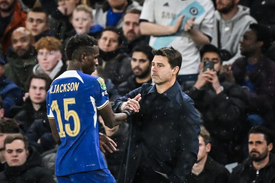 Mauricio Pochettino congratulates Nicolas Jackson (AFP via Getty Images)