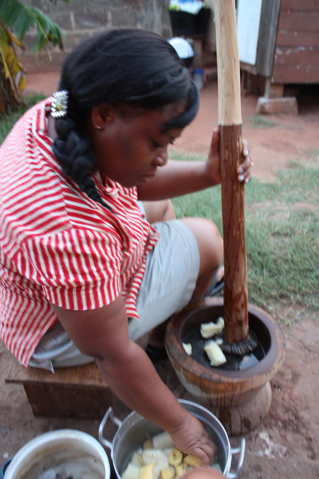 My aunt Evelyn is a human fufu machine, so she can easily handle it on her own, but I’ve often seen two to three people over a large mortar and pestle putting in the work for large celebrations or occasions. (Zoe Adjonyoh)