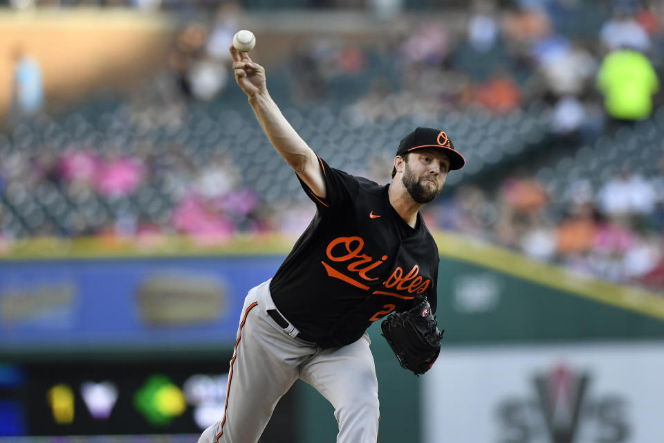 Baltimore Orioles starting pitcher Jordan Lyles throws to a Detroit Tigers batter during the first inning of a baseball game Friday, May 13, 2022, in Detroit. (AP Photo/Jose Juarez)