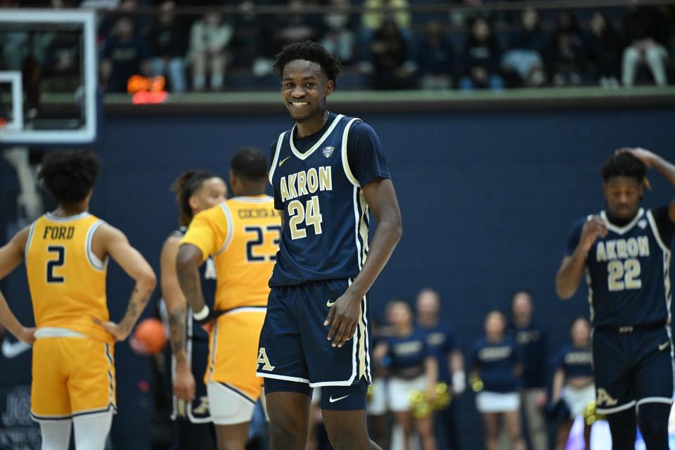 Akron Zips forward Ali Ali smiles during a break in action against Toledo on Feb. 2, 2024.