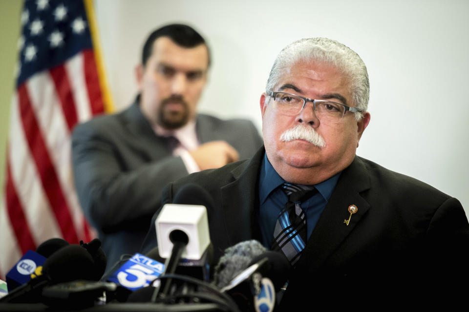 Perris mayor Michael Vargas speaks during a news conference regarding the triple homicide at the Riverside County Sheriff's Perris station on Tuesday, Feb. 18, 2020. Three adult males bodies were found Monday at the Perris Valley Cemetery. (Watchara Phomicinda/The Orange County Register via AP)