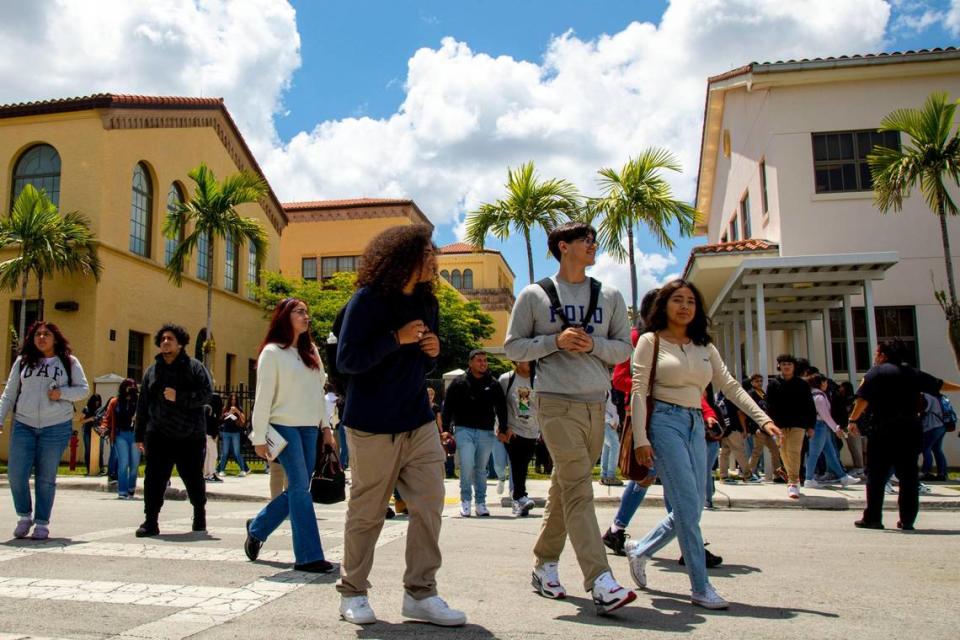 Students exit campus after the first day of school at Miami Senior High in Miami, Florida, on Wednesday, August 17, 2022.