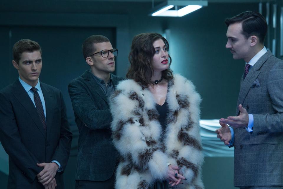 Lizzy Caplan, Dave Franco and Jessie Eisenberg in ‘Now You See Me 2’ (Lionsgate)