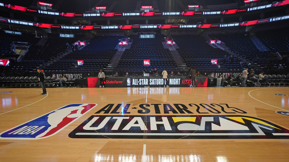 The Vivint Arena is shown during the transformation taking place inside the arena before the start of the NBA basketball All-Star weekend Wednesday, Feb. 15, 2023, in Salt Lake City. More than 60 players are making their way to Salt Lake City for All-Star weekend, some of them for the first time, one of them for the 19th time. And while some events will tout the league's future, many will be celebrating the past.(AP Photo/Rick Bowmer)