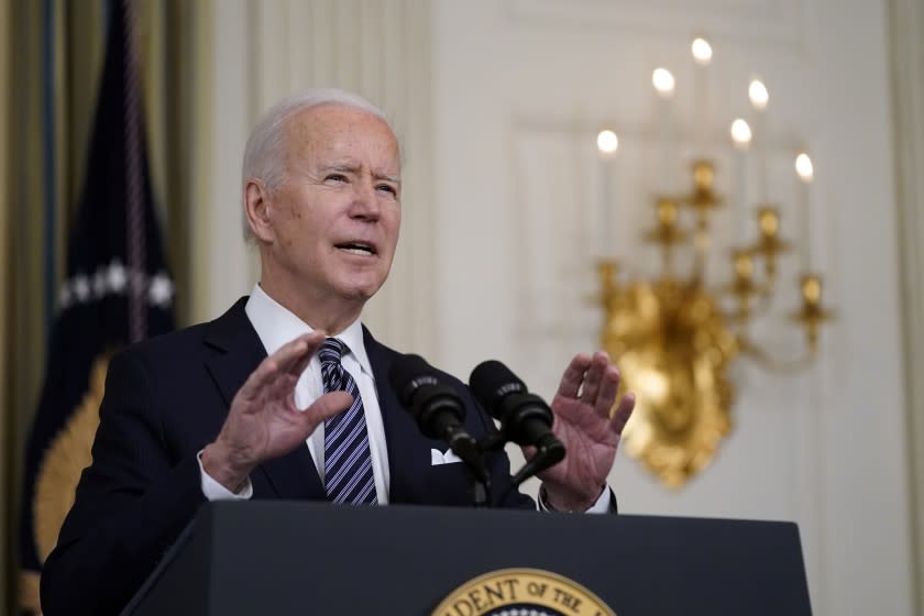 President Joe Biden speaks about the COVID-19 relief package in the State Dining Room of the White House, Monday, March 15, 2021, in Washington. (AP Photo/Patrick Semansky)