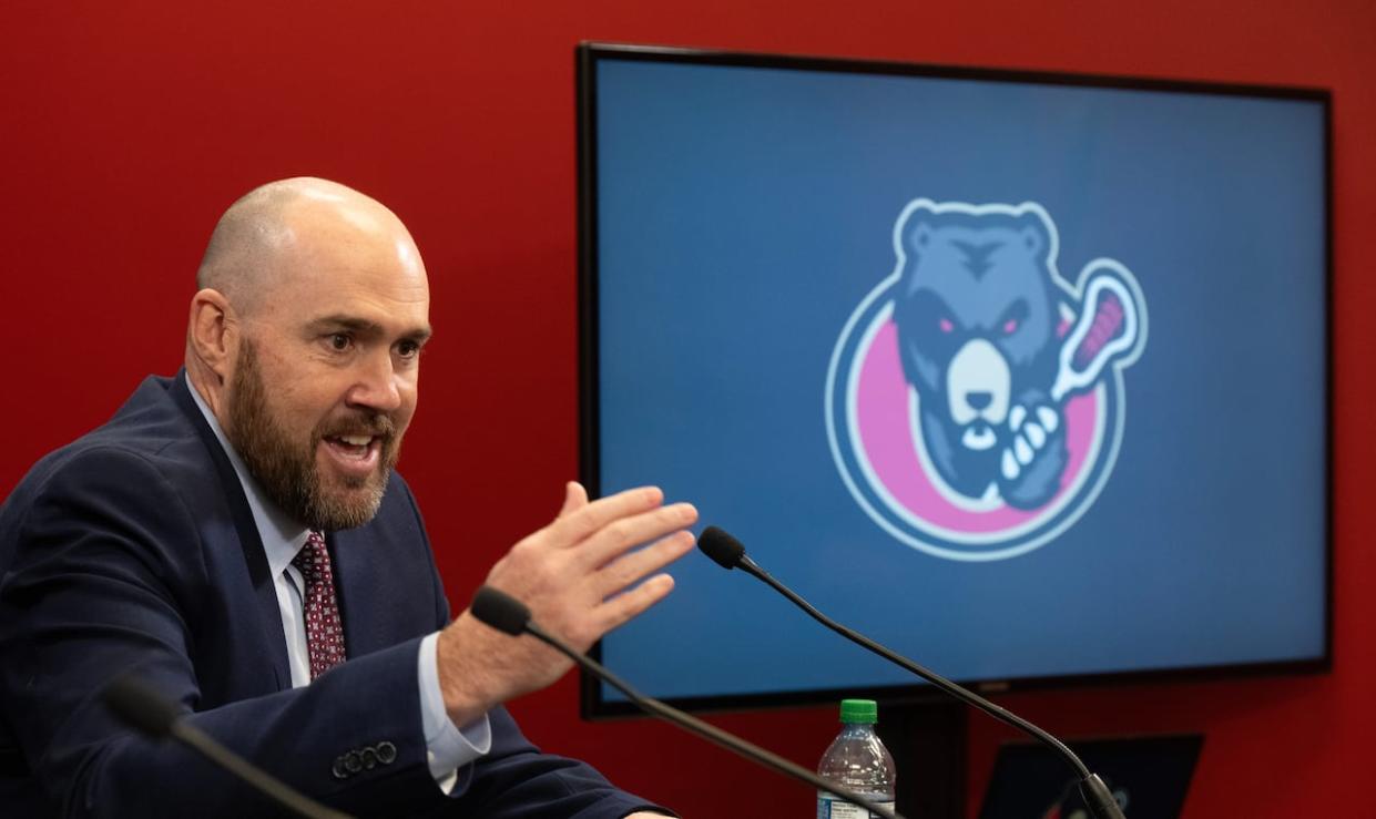 NLL commissioner Brett Frood responds to a question after announcing the Ottawa Black Bears will play in the National Lacrosse League in the 2024-2025 season on Wednesday. (Adrian Wyld/The Canadian Press - image credit)