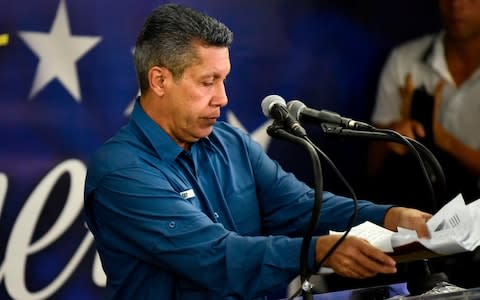 Venezuelan opposition presidential candidate Henri Falcon speaks during a press conference after the National Electoral Council (CNE) announced the results  - Credit:  CARLOS BECERRA/AFP