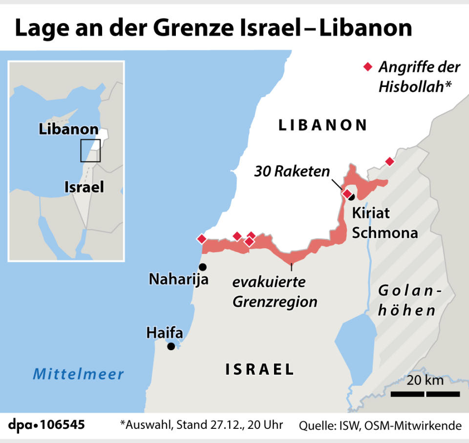 "Grenze Libanon/Israel: Beschuss durch Hisbollah"; Grafik/Redaktion: A. Brühl