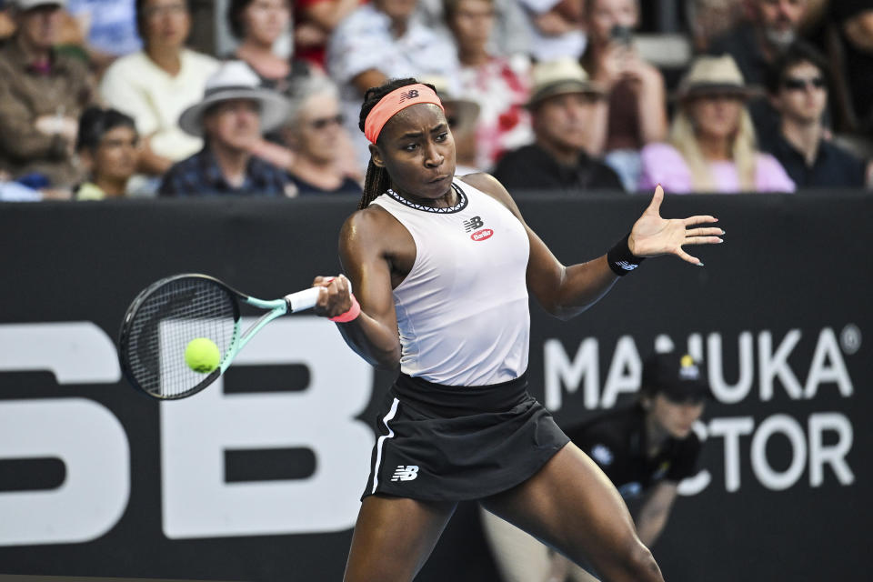 United States's Coco Gauff plays against Spain's Rebeka Masarova in the final of the ASB Classic in Auckland, New Zealand, Sunday, Jan. 8, 2023. (Andrew Cornaga/Photosport via AP)