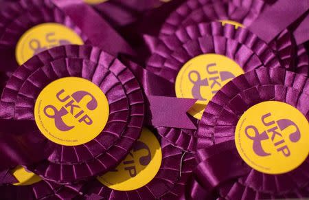 Rosettes are displayed during the UK Independence Party (UKIP) spring conference in Margate, Britain, in this February 27, 2015 file photo. REUTERS/Neil Hall/Files