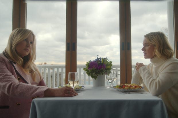 Jennifer Coolidge as Karen Calhoun, left, and Naomi Watts as Nora Brannock, right, in "The Watcher" season 1 on Netflix<p>Netflix</p>
