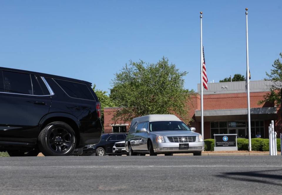 A law enforcement processional for Officer William “Alden” Elliott, with the NC Department of Adult Corrections, leaves the Mecklenburg County Medical Examiner’s Office to Newton on Thursday, May 2, 2024. Four law officers died four wounded while serving a warrant in east Charlotte on Monday April 29, 2024.