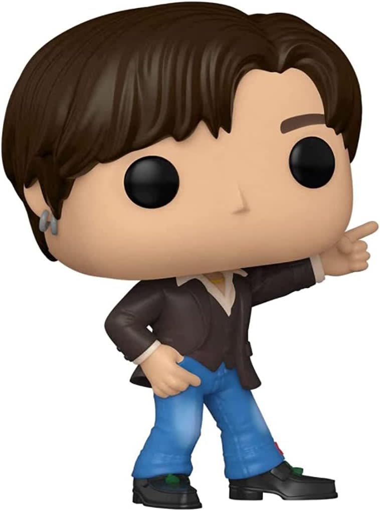 BTS figurine of Suga wearing jeans and a brown jacket