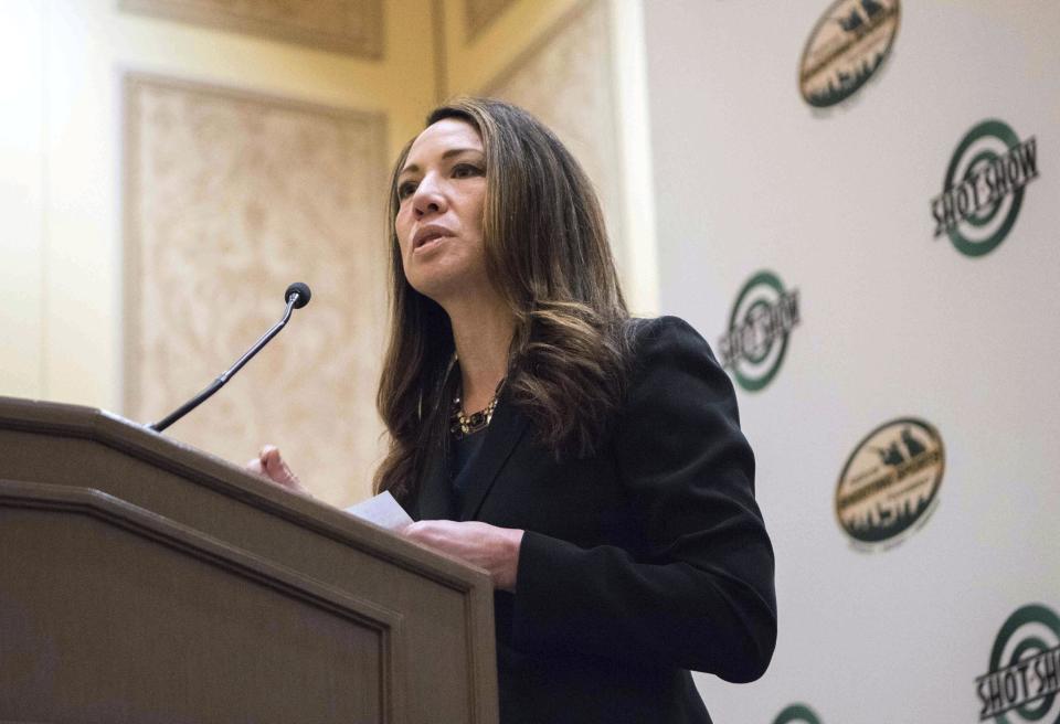 Dr. Christine Moutier, medical director for the American Foundation for Suicide Prevention, discusses an initiative with the National Shooting Sports Foundation to prevent suicide, Tuesday, Jan. 17, 2017, in Las Vegas. It’s a difficult topic to discuss and an even tougher one to fix, fraught with politics and societal stigmas: people who kill themselves with a gun. But now two unlikely allies, the gun industry and a leading suicide prevention group, are coming together to tackle it. (AP Photo/Lisa Marie Pane)