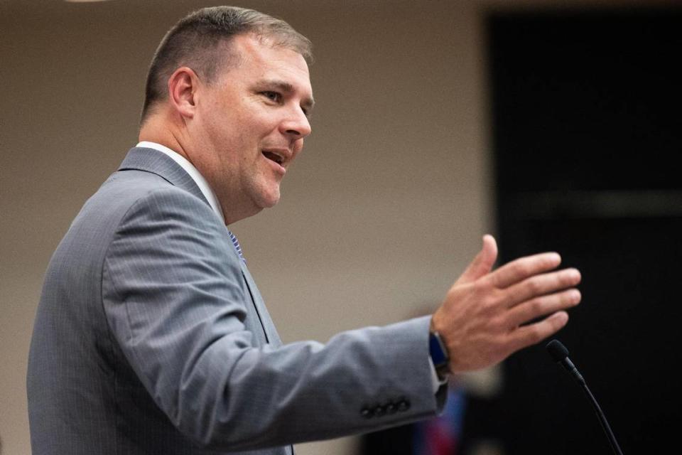 Gray Collegiate Academy’s principal Brian Newsome speaks at an ad hoc hearing on high school sports Wednesday, September 20, 2023. Some schools have forfeited games instead of playing his school.