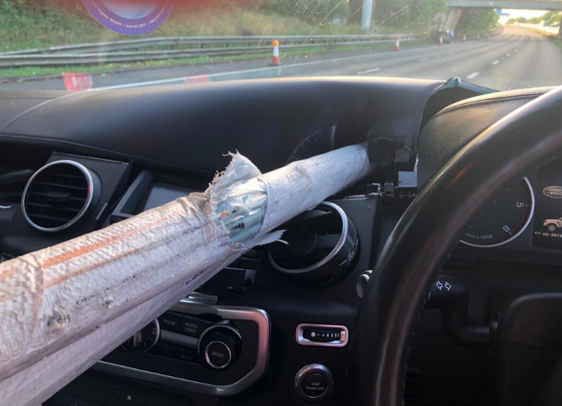 The poles pierced through the dashboard of the car. Image: Twitter/Ceri Holmes