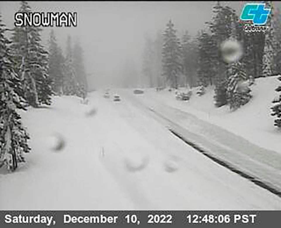 This image from a Caltrans traffic camera shows snow conditions on California SR-89 Snowman in Shasta-Trinity National Forest, Calif., Saturday, Dec. 10, 2022.