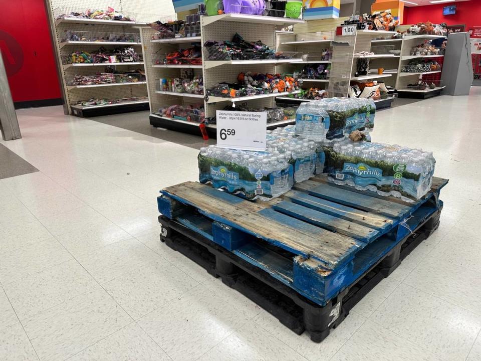 Pallets of bottled water at Target in Bluffton, SC have been put on display. The pallet at the front of the store was quickly dwindling. This photograph was taken on Tuesday, August 29, 2023 at 9:55 a.m.
