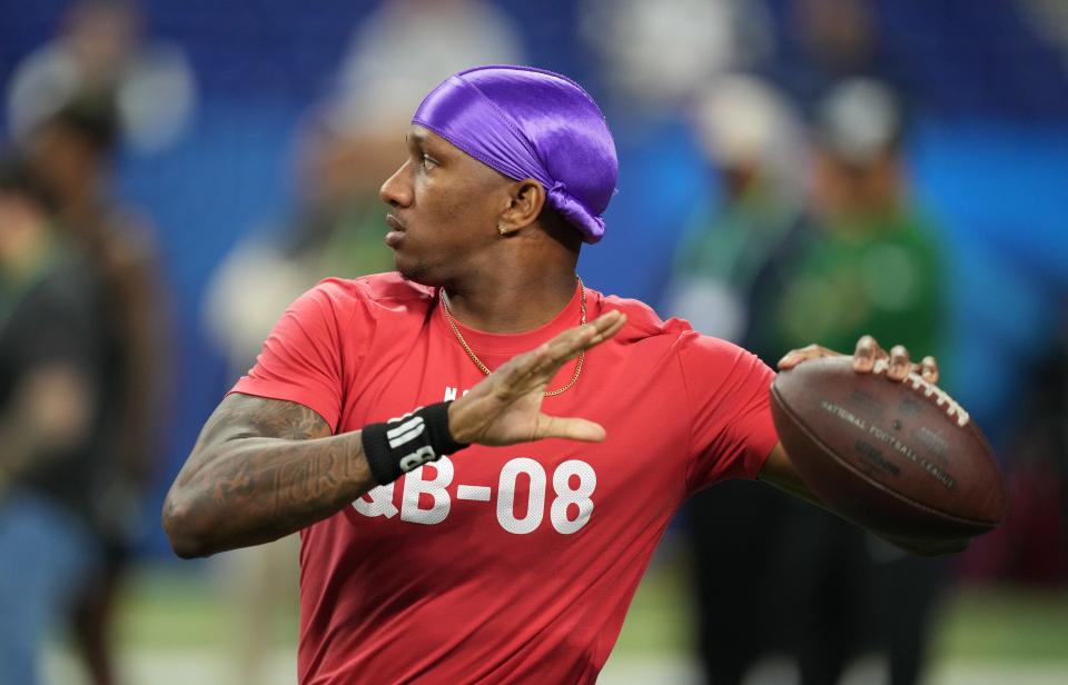 Mar 2, 2024; Indianapolis, IN, USA; Washington quarterback Michael Penix Jr. (QB08) during the 2024 NFL Combine at Lucas Oil Stadium. Mandatory Credit: Kirby Lee-USA TODAY Sports