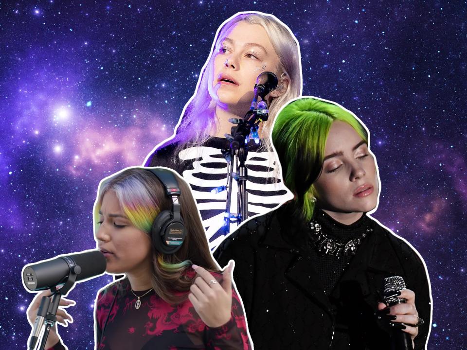 ASMR queens: Alaina Castillo, Phoebe Bridgers and Billie Eilish (YouTube/Rich Fury/Kevin Winter/Getty Images)