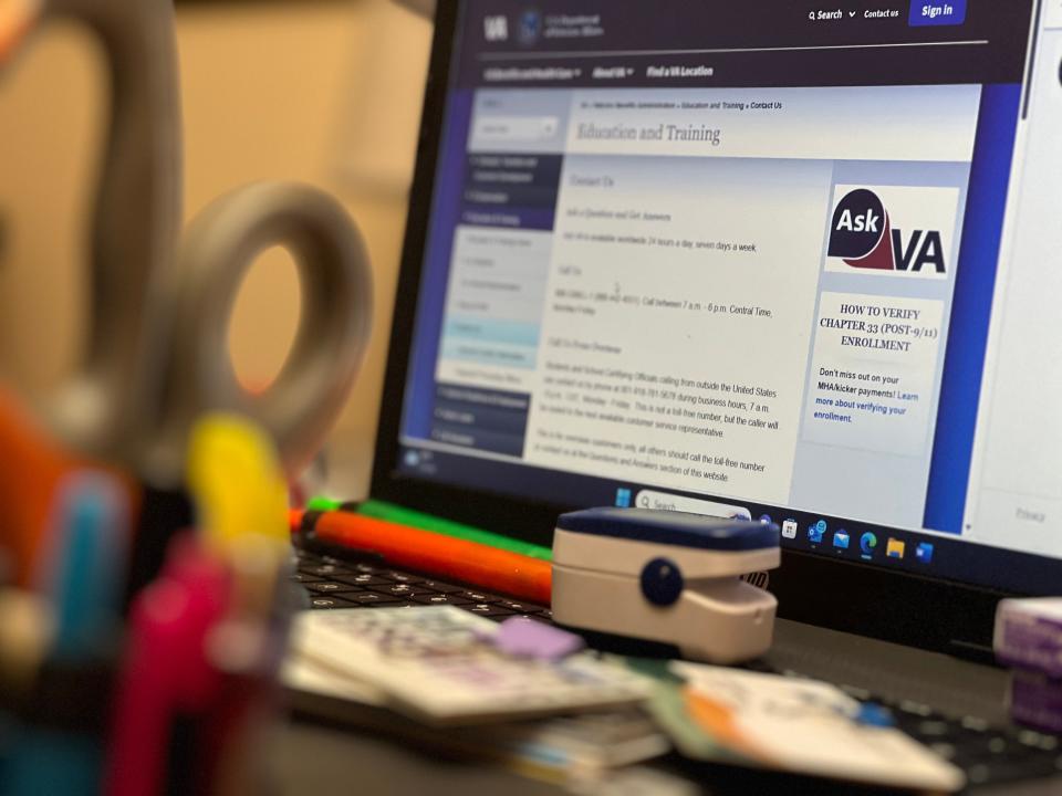 A computer screen shows ways to get information from the U.S. Department of Veterans Affairs, which veteran student Julie Rinaldi was attempting to do when her benefits hadn't come in for fall classes she'd taken at Vermont State University on Dec. 1, 2023.