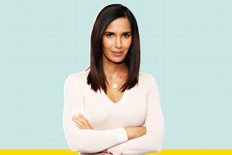 Padma Lakshmi on a designed background