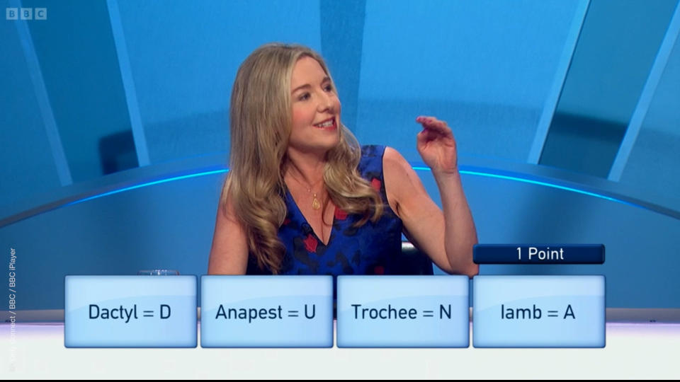 Victoria Coren Mitchell explains Only Connect answer. (BBC screengrab)