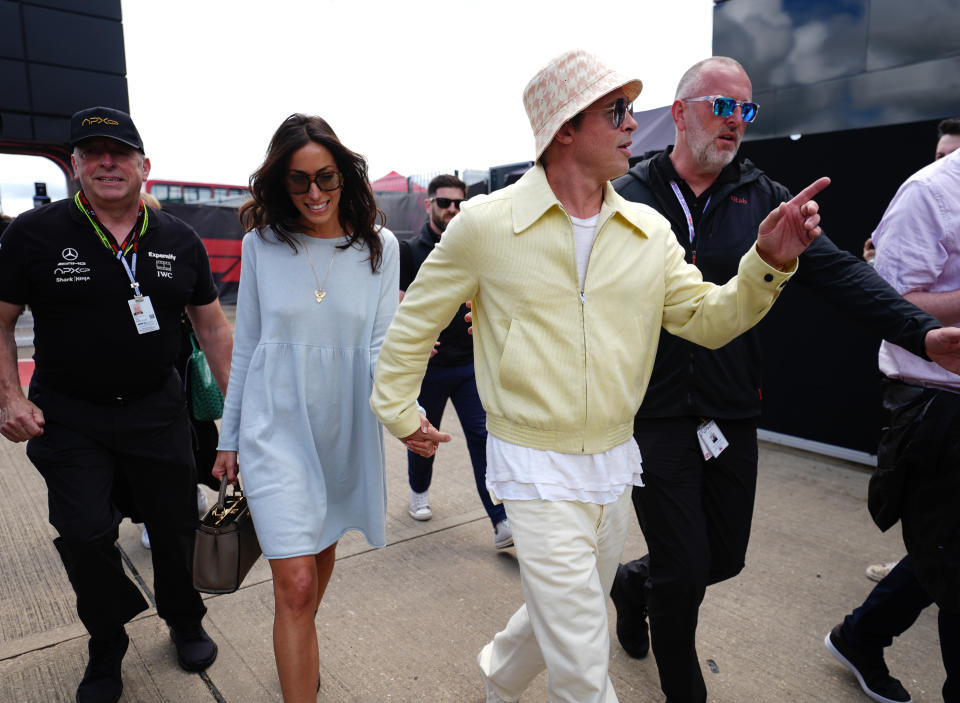 Brad Pitt and his partner Ines De Ramon arrive at Silverstone Circuit, Northamptonshire. Picture date: Sunday July 7, 2024. (Photo by David Davies/PA Images via Getty Images)