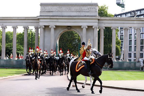 LONDON, ENGLAND - SEPTEMBER 19: Members of the Household Cavalry during The State Funeral Of Queen Elizabeth II on September 19, 2022 in London, England. Elizabeth Alexandra Mary Windsor was born in Bruton Street, Mayfair, London on 21 April 1926. She married Prince Philip in 1947 and ascended the throne of the United Kingdom and Commonwealth on 6 February 1952 after the death of her Father, King George VI. Queen Elizabeth II died at Balmoral Castle in Scotland on September 8, 2022, and is succeeded by her eldest son, King Charles III.  (Photo by Clive Rose/Getty Images)