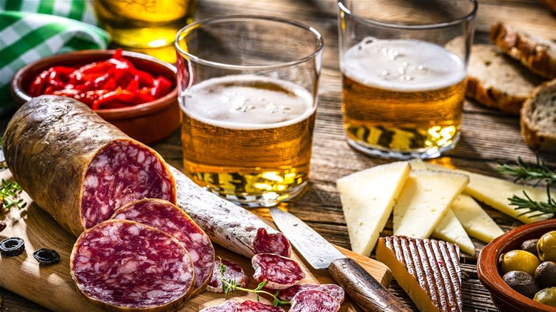 Beer samples with cheese and sausage 