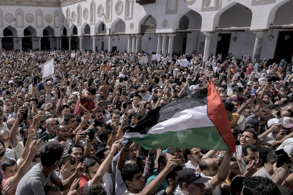 FILE - Protesters shout anti-Israel slogans during a rally to show solidarity with the people of Gaza after Friday prayers at Azhar mosque, the Sunni Muslim world's premier Islamic institution, in Cairo, Egypt, Friday, Oct. 20, 2023. Countries in the Middle East that have normalized or are considering normalizing relations with Israel are coming under growing public pressure to cut those ties because of Israel's war with Hamas. The protesters' demands present an uncomfortable dilemma for governments that have enjoyed the benefits of closer military and economic ties with Israel in recent years. (AP Photo/Amr Nabil, File)