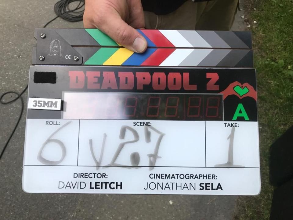 <p>Director David Leitch posted this pic of his clapboard to mark the official start of filming on June 26, 2017. Reynolds posted similar image later on with the caption: “The sun sets on day 1. Feels good to be back. This dog can hunt.” (Photo: <a rel="nofollow noopener" href="https://www.instagram.com/p/BV1F1MbHS3J/" target="_blank" data-ylk="slk:davidmleitch/Instagram);elm:context_link;itc:0;sec:content-canvas" class="link ">davidmleitch/Instagram)</a> </p>