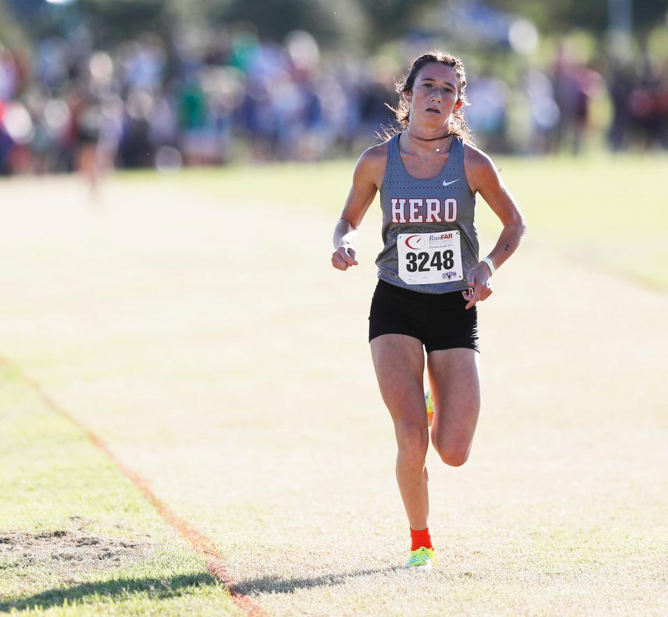 Holliday’s Jaycee Lyon (3248) comes in first place. Athletes compete in the Lubbock Independent School District cross country Invitational, Saturday, Sept. 17, 2022, at Mae Simmons Park. 