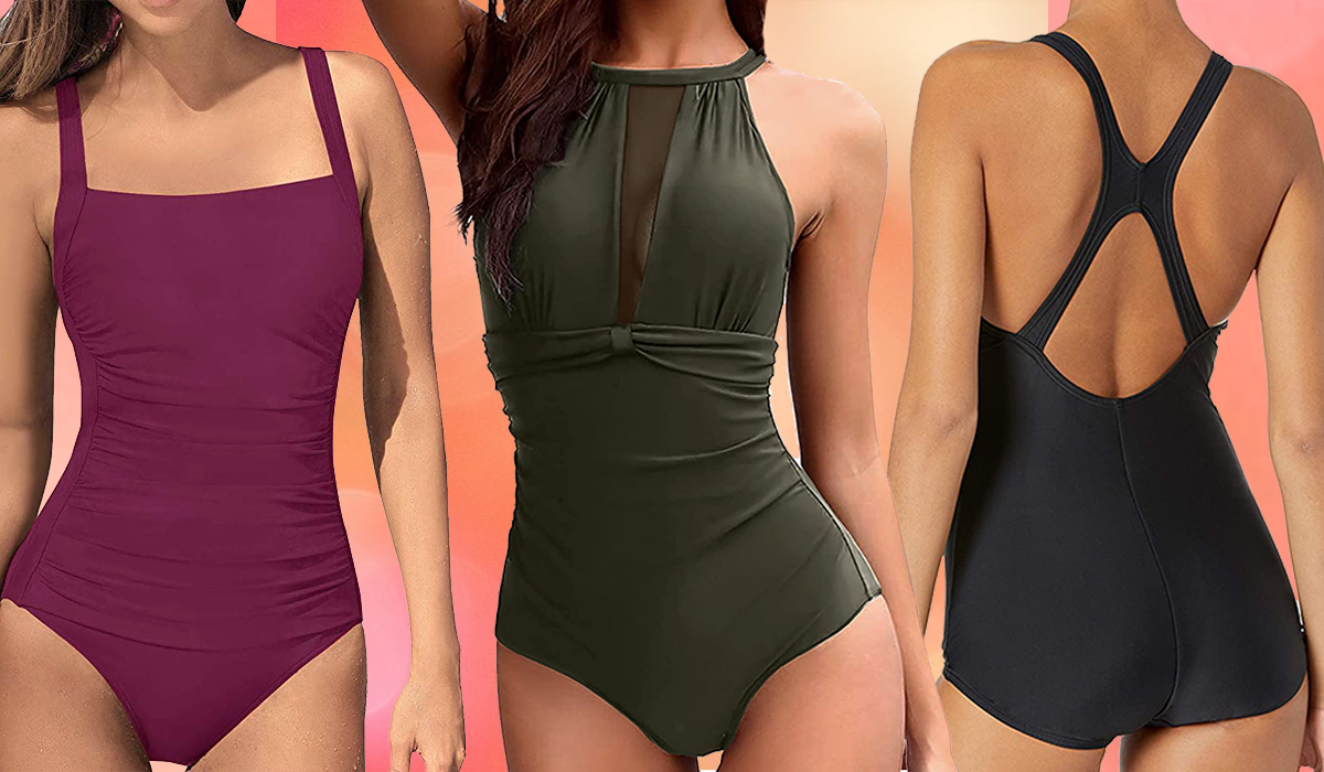 Three one-piece swimsuits.