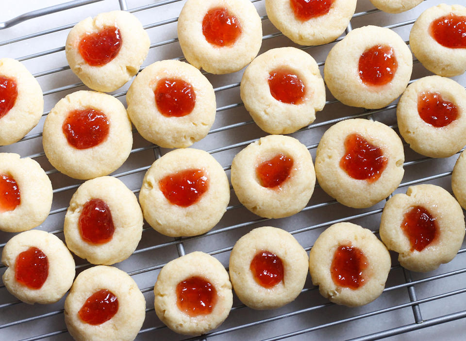 Jelly thumbprint cookies on cooling rack