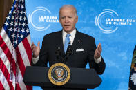 President Joe Biden speaks to the virtual Leaders Summit on Climate, from the East Room of the White House, Friday, April 23, 2021, in Washington. (AP Photo/Evan Vucci)