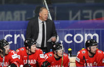 Canada's head coach Gerard Gallant during the Ice Hockey World Championship group B match between Canada and United States at the Arena in Riga, Latvia, Sunday, May 23, 2021. (AP Photo/Sergei Grits)