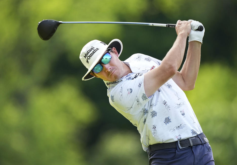 Joel Dahmen tees off on the fourth hole during the third round of Canadian Open golf tournament in Hamilton, Ontario, Saturday, June 1, 2024. (Nathan Denette/The Canadian Press via AP)