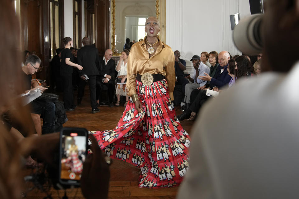 Rebecca Ayoko wears a creation for the Imane Ayissi Haute Couture Fall/winter 2023-2024 fashion collection presented in Paris, Thursday, July 6, 2023. (AP Photo/Christophe Ena)