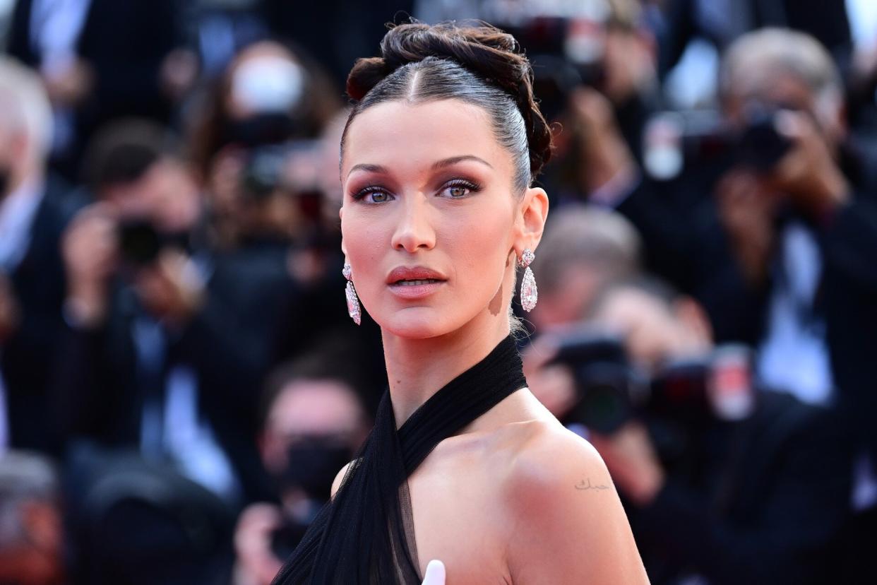 Bella Hadid Updo Looking at Camera 2021 Cannes Film Festival
