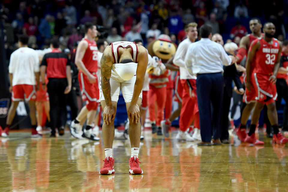 <p>Nick Weiler-Babb #1 of the Iowa State Cyclones reacts after being defeated by the Ohio State Buckeyes in the first round game of the 2019 NCAA Men’s Basketball Tournament at BOK Center on March 22, 2019 in Tulsa, Oklahoma. (Photo by Stacy Revere/Getty Images) </p>