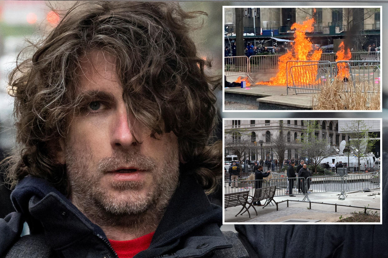 A person, who police identified as Max Azzarello of St. Augustine, Florida, is covered in flames outside the courthouse where former U.S. President Donald Trump's criminal hush money trial is underway, in New York, U.S., April 19, 2024.