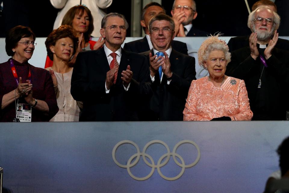 Queen Elizabeth II (R) and Jacques Rogge (L), President of the International Olympic Committee, attend the Opening Ceremony of the London 2012 Olympic Games.