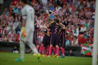 Football Soccer - Spanish Liga Santander - Athletic Bilbao v Barcelona - San Mames, Bilbao, Spain 28/08/16. Barcelona players celebrate a goal during match. REUTERS/Vincent West