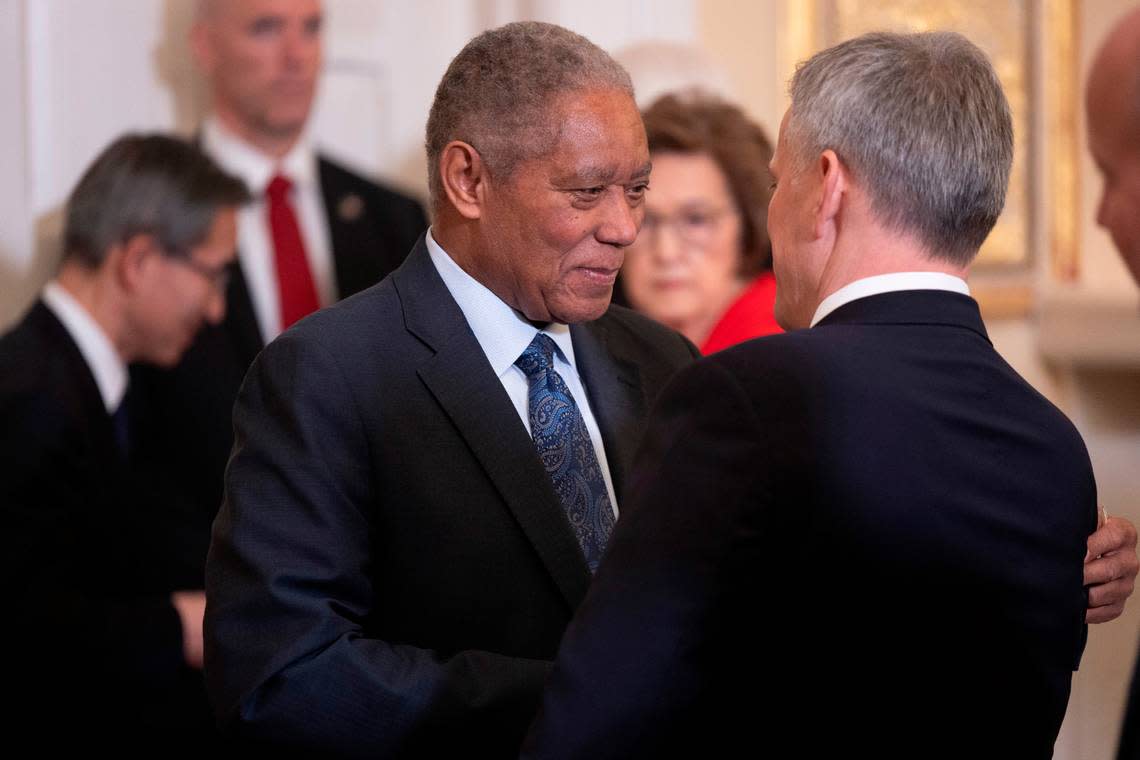 North Carolina Senator Dan Blue talks with Attorney General Josh Stein prior to a luncheon in honor of Japanese Prime Minister Fumio Kishida on Friday, April 12, 2024 at the Executive Mansion in Raleigh, N.C. Robert Willett/rwillett@newsobserver.com