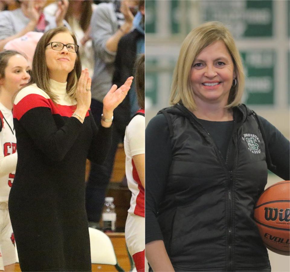 CVU's Ute Otley, left, and St. Johnsbury's Jade Huntington led their teams into the 2023 Division I high school girls basketball game at Patrick Gym on Friday night.